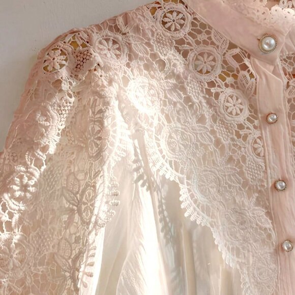 Apricot Elegant Women's Mock Neck Victorian Lace Puff Sleeve Shirt Blouse - Picture 4 of 4